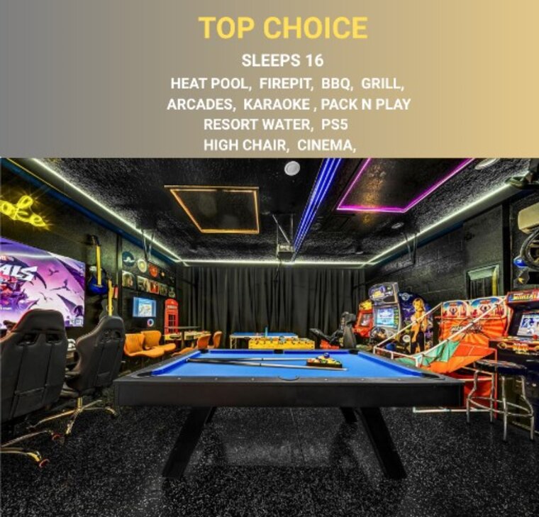 Mario Disney LUXE: Karaoke, Heat Pool, Firepit, BBQ Grill, Arcades, PS5, XBOX